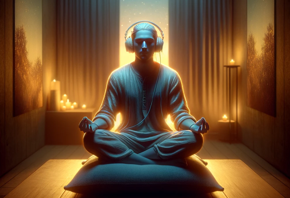 Man meditating with headphones-AI generated