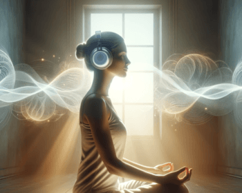 Woman listening on headphones while meditating