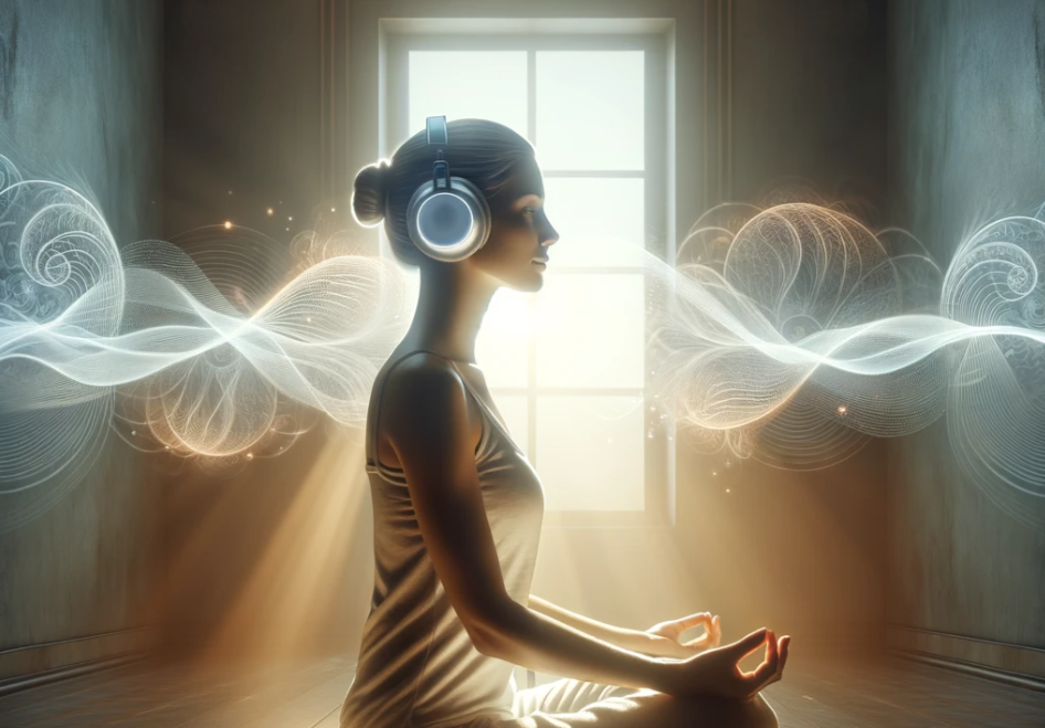 Woman meditating with headphones-AI generated