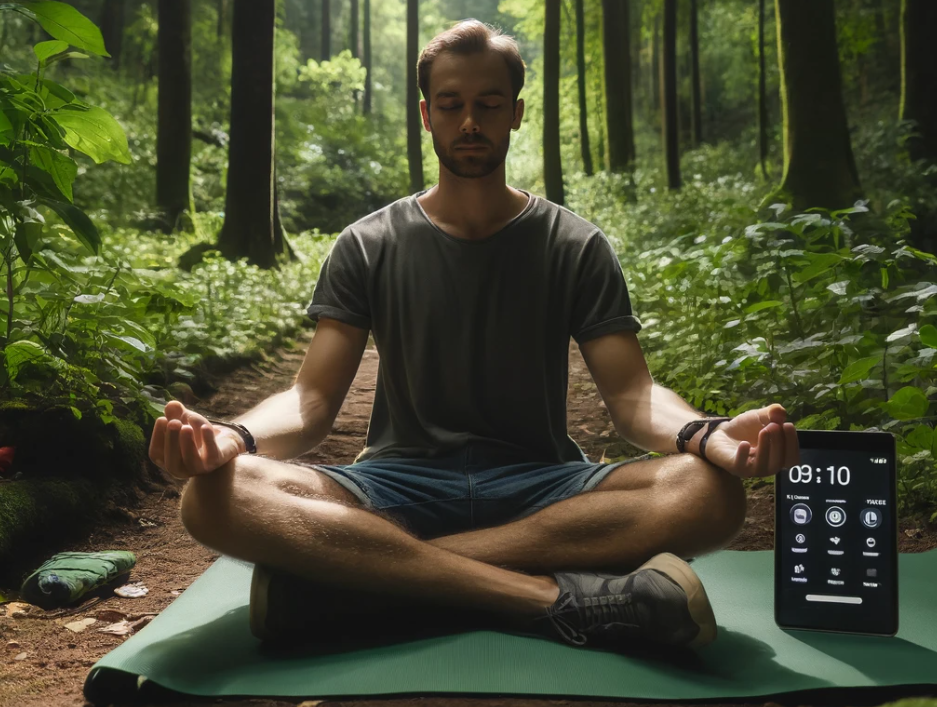 Man meditating in the woods with a timer AI generated