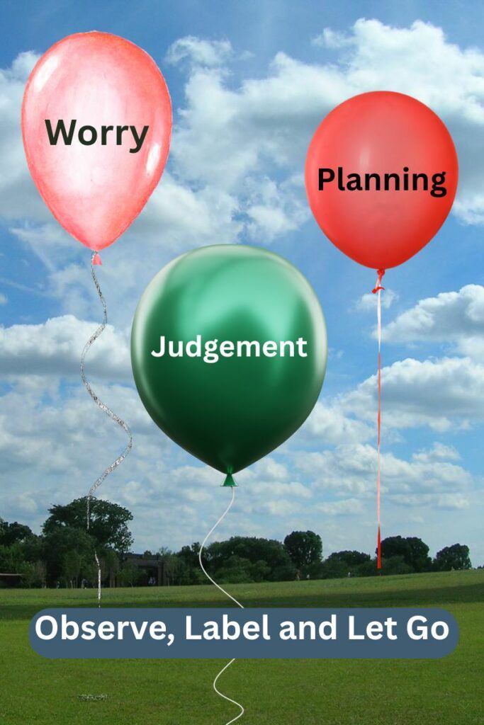 Visualization of thoughts floating by like balloons and clouds with mindfulness labels.