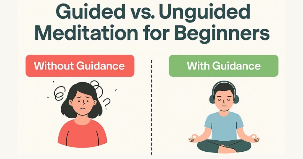 Illustration comparing guided and unguided meditation for beginners. The left side shows a confused woman under the label 'Without Guidance,' while the right side shows a calm man meditating with headphones under the label 'With Guidance.' The visual emphasizes the contrast in clarity and ease between the two approaches.