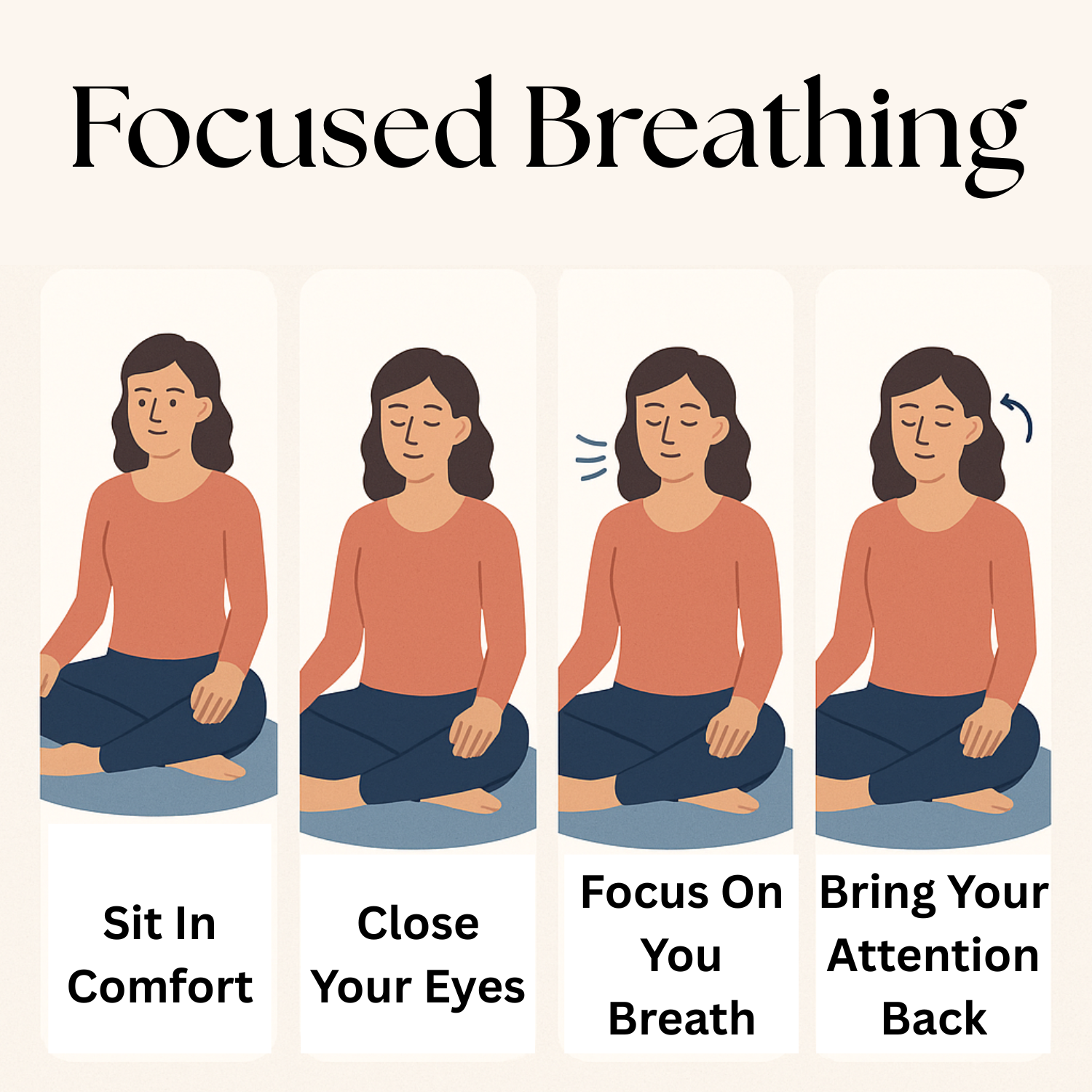 A woman guides you through the steps of focused breathing