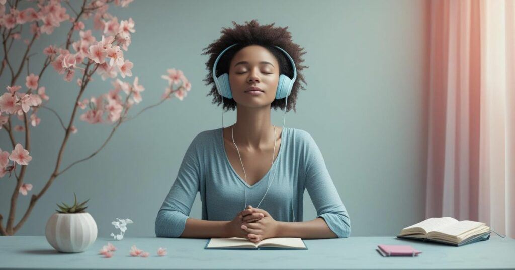 Young woman practicing mindfulness to improve focus during work