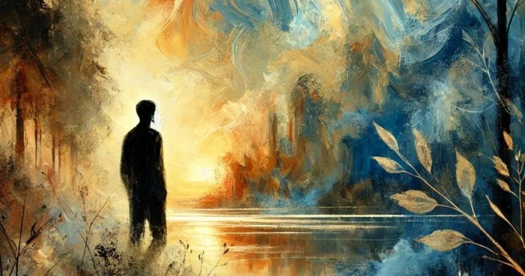 Abstract art of a shadow looking out in the distance. Calming and reflective