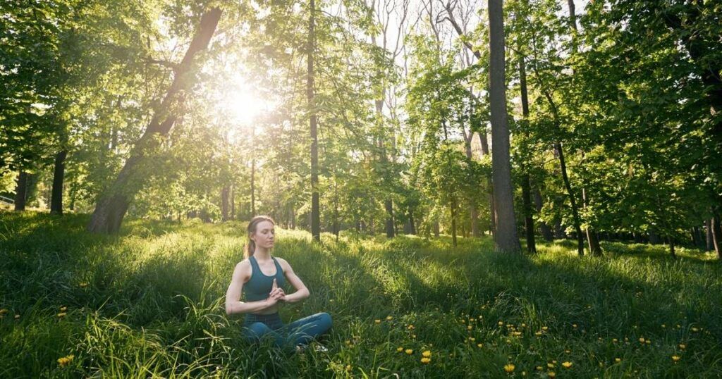 Woman meditating in the forest under sunlight