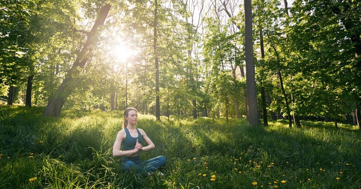 Woman meditating in the forest under sunlight