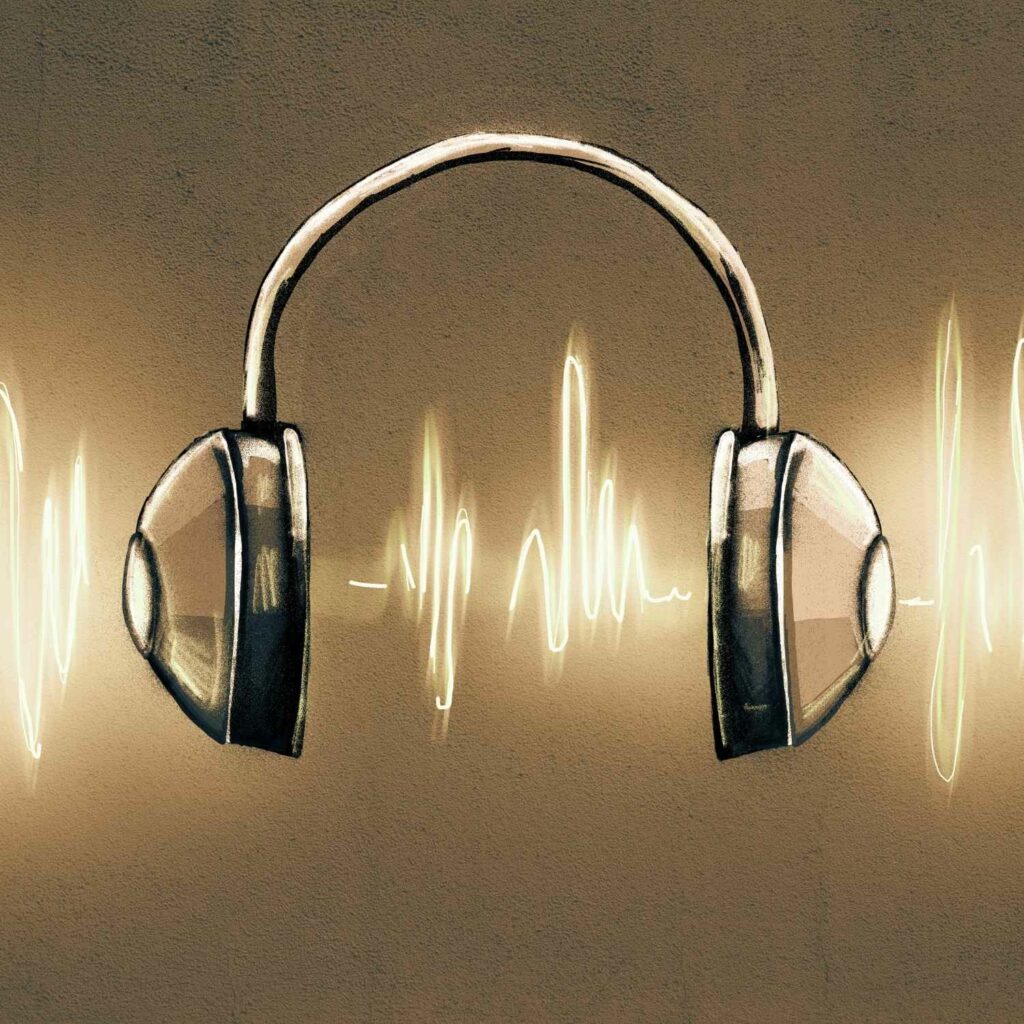 headphones with sound waves representing binaural beats and brainwave entrainment for meditation and relaxation